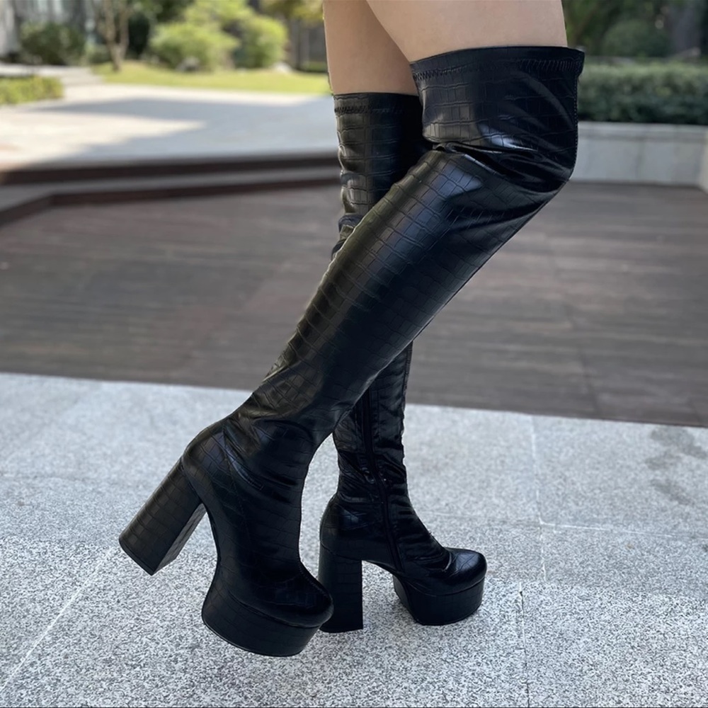 High thigh black leather exotic boots boot heels